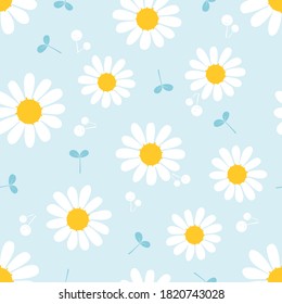 Seamless pattern with daisy flower and young leaves on a blue background vector illustration.