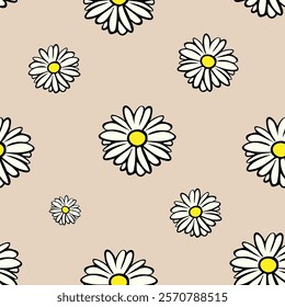 Seamless pattern with daisy flowers. Abstract design with hand-drawn lines. Modern art for posters, social media, fabrics, covers, textiles, wrapping paper. Vector illustration in a fashionable style.