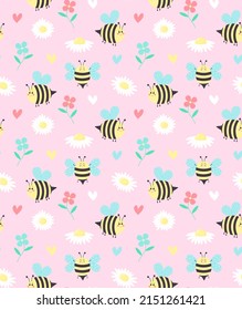 Seamless pattern of daisy flowers, bees, flowers and hearts on pink background. Vector illustration.

