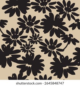 Seamless pattern of daisy flowers, black and light brown.