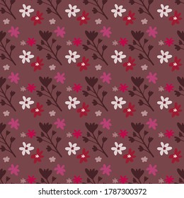 Seamless pattern with daisy flowers and branches on burgundy colors. Simple decorative backdrop. Perfect for wallpaper, wrapping paper, textile print, fabric. Vector illustration.