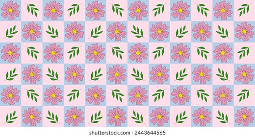 Patrón sin fisuras con flores y ramas de margarita, fondo rosa y azul a cuadros, vector