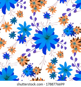 Seamless Pattern with Daisy Flowers. Bright Texture for Print, Textile, Linen, Cloth. Pretty Pattern for Wrapping Paper. Vector Wild Flowers. Endless Texture. Colorful Rapport in Retro Style.