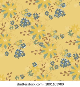 Seamless Pattern with Daisy Flowers. Bright Texture for Print, Textile, Linen, Cloth. Pretty Pattern for Wrapping Paper. Vector Wild Flowers. Endless Texture. Colorful Rapport in Retro Style.