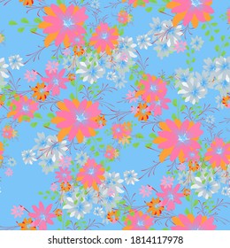 Seamless Pattern with Daisy Flowers. Bright Texture for Print, Textile, Linen, Cloth. Pretty Pattern for Wrapping Paper. Vector Wild Flowers. Endless Texture. Colorful Rapport in Retro Style.