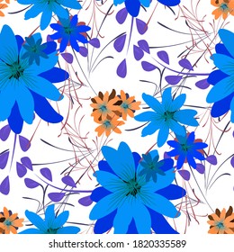Seamless Pattern with Daisy Flowers. Bright Texture for Print, Textile, Linen, Cloth. Pretty Pattern for Wrapping Paper. Vector Wild Flowers. Endless Texture. Colorful Rapport in Retro Style.