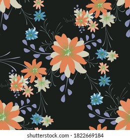 Seamless Pattern with Daisy Flowers. Bright Texture for Print, Textile, Linen, Cloth. Pretty Pattern for Wrapping Paper. Vector Wild Flowers. Endless Texture. Colorful Rapport in Retro Style.