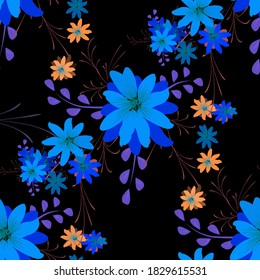 Seamless Pattern with Daisy Flowers. Bright Texture for Print, Textile, Linen, Cloth. Pretty Pattern for Wrapping Paper. Vector Wild Flowers. Endless Texture. Colorful Rapport in Retro Style.