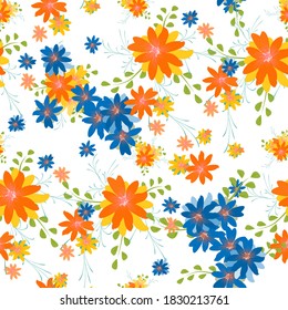Seamless Pattern with Daisy Flowers. Bright Texture for Print, Textile, Linen, Cloth. Pretty Pattern for Wrapping Paper. Vector Wild Flowers. Endless Texture. Colorful Rapport in Retro Style.