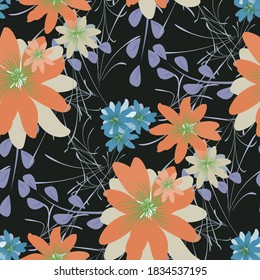 Seamless Pattern with Daisy Flowers. Bright Texture for Print, Textile, Linen, Cloth. Pretty Pattern for Wrapping Paper. Vector Wild Flowers. Endless Texture. Colorful Rapport in Retro Style.