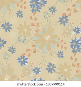 Seamless Pattern with Daisy Flowers. Bright Texture for Print, Textile, Linen, Cloth. Pretty Pattern for Wrapping Paper. Vector Wild Flowers. Endless Texture. Colorful Rapport in Retro Style.