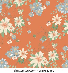 Nahtloses Muster mit duftenden Blumen. Helle Textur für Druck, Textilien, Leinen, Tuch. Hübsches Muster für Papierfräsen. Vektor-Wildblumen. Endlose Textur. Farbenfrohe Berichterstattung im Retro-Stil.