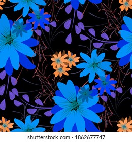 Seamless Pattern with Daisy Flowers. Bright Texture for Print, Textile, Linen, Cloth. Pretty Pattern for Wrapping Paper. Vector Wild Flowers. Endless Texture. Colorful Rapport in Retro Style.