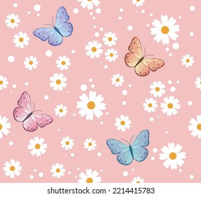 Seamless Pattern of Daisy Flowers and Colorful Butterflies on Pink Background, Vector Design for Fashion and Poster Prints, Wallpaper, Cover, Backdrop, Textile