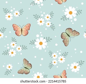 Seamless Pattern of Daisy Flowers and Colorful Butterflies on Green Background, Vector Design for Fashion and Poster Prints, Wallpaper, Cover, Backdrop, Textile