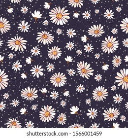 Seamless pattern with the daisy flowers. Fashion background with polka dots and tender chamomile flowers. Vector illustration.