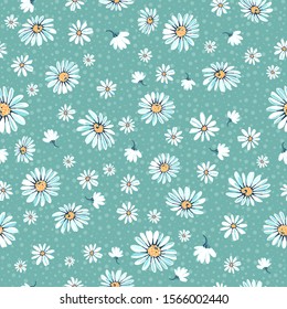 Seamless pattern with the daisy flowers. Fashion blue polca dots background with chamomile flowers. Vector illustration.