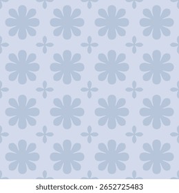 Seamless pattern daisy flowers in gentle powder blue tone background. Flower shapes retro soft blue grey for fabric textiles motif pattern.