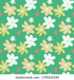 Patrón sin foco con flores de margarita. Fondo verde. Impresión creativa para diseño de tela, textil, envoltura, cubierta, papel pintado. Ilustración vectorial.