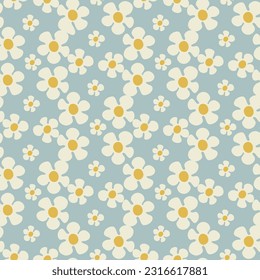 Seamless pattern with daisy flowers in Groovy style on blue background