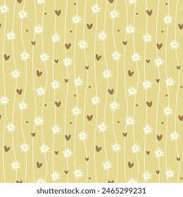 Seamless pattern with daisy flowers and hearts. Vector illustration