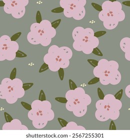 Seamless pattern with daisy flowers, leaves end dots. Floral illustration.