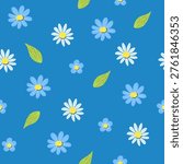Seamless pattern with daisy flowers on blue background. Seasonal hand drawn card, poster, web banner. Vector illustration.