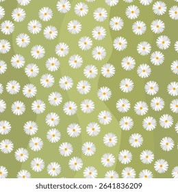 Seamless pattern with daisy flowers on green background.