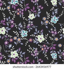 Padrão sem costura com flores margaridas no fundo preto, desenhado à mão deisy botânica padrão floral.elementos de botânica, desenhos de tinta de flores.ep