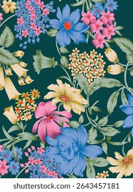 Padrão sem costura com flores margaridas no fundo preto, desenhado à mão deisy botânica padrão floral.elementos de botânica, desenhos de tinta de flores.ep