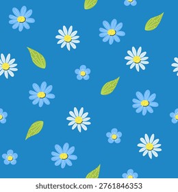 Seamless pattern with daisy flowers on blue background. Seasonal hand drawn card, poster, web banner. Vector illustration.