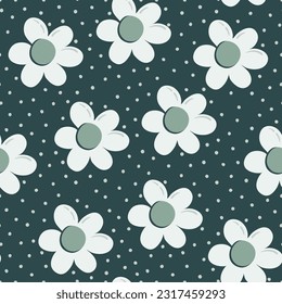 Seamless pattern with daisy flowers and polka dot ornament. Flower buds on dark green background. Flat style floral print. Cute retro vector illustration. 