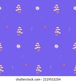 Patrón sin foco con flores de margarita. Bonito telón de fondo con flores, corazones y puntos pequeños. Flores blancas de camomila. Fondo floral de color marrón. Vibrante ilustración vectorial de mano plana.