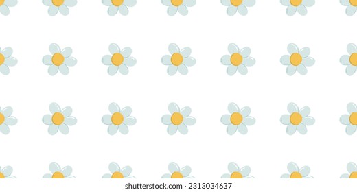 Seamless pattern with daisy flowers. Soft colors flower buds on white background. Flat style floral print. Cute groovy vector illustration. 