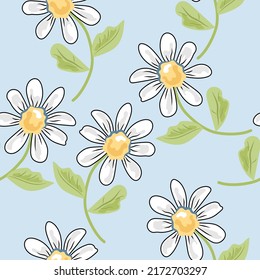 Seamless pattern with daisy flowers. Vector illustration. Retro and hippie vibes.