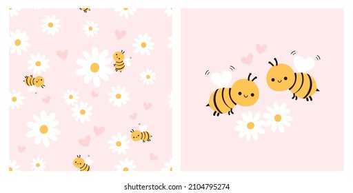 Seamless pattern with daisy garden and bee cartoons on pink background. Bee cartoons and hearts vector illustration.