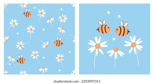 Patrón sin foco con jardín de margarita y dibujos de abejas sobre fondo azul. conjunto de iconos de margarita y vector de abejas adorables. 