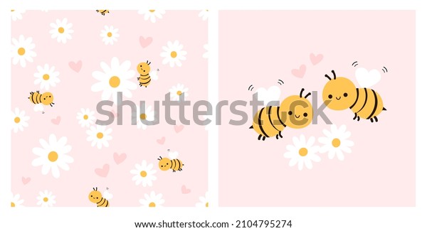 Seamless pattern\
with daisy garden and bee cartoons on pink background. Bee cartoons\
and hearts vector\
illustration.