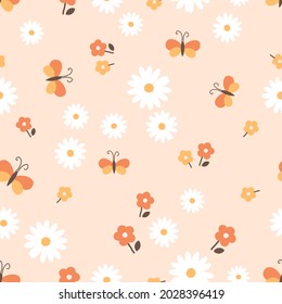 Seamless pattern of daisy garden with butterfly cartoons on orange background vector illustration. 