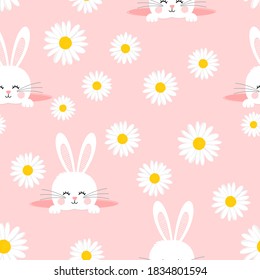 Seamless pattern with daisy garden and rabbits on pink background vector illustration. Cute cartoon character.