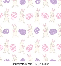 Seamless pattern with daisy garden and rabbits on pink background vector illustration. Cute cartoon character.