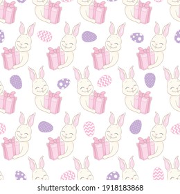 Seamless pattern with daisy garden and rabbits on pink background vector illustration. Cute cartoon character.