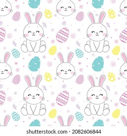 Seamless pattern with daisy garden and rabbits on pink background vector illustration. Cute cartoon character.