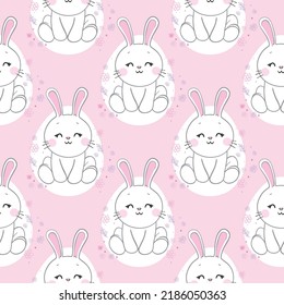 Patrón sin foco con jardín de margarita y conejos en la ilustración del vector de fondo rosa. Personaje de dibujos animados.