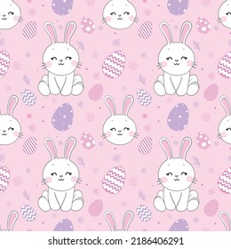 Patrón sin foco con jardín de margarita y conejos en la ilustración del vector de fondo rosa. Personaje de dibujos animados.