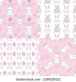 Seamless pattern with daisy garden and rabbits on pink background vector illustration. Cute cartoon character.