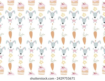 Seamless pattern with daisy garden and rabbits on pink background vector illustration. Cute cartoon character.