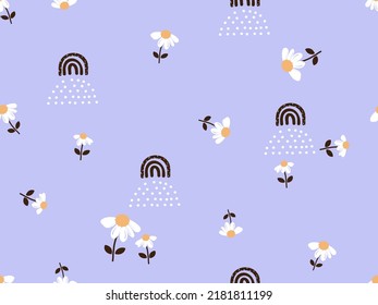 Seamless pattern with daisy garden and rainbows on purple background vector illustration.
