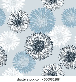 seamless pattern daisy graphics blue and white flowers on gray background