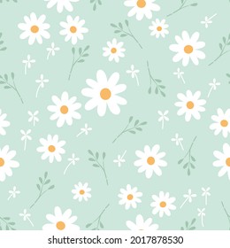 Seamless pattern with daisy, green leaves and little white flower on green background vector illustration. 